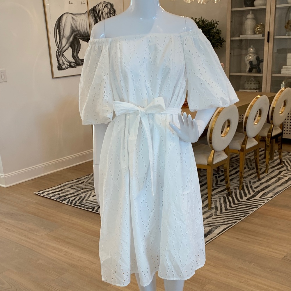 Christian Siriano White Off-Shoulder Eyelet Midi Dress with Waist Tie